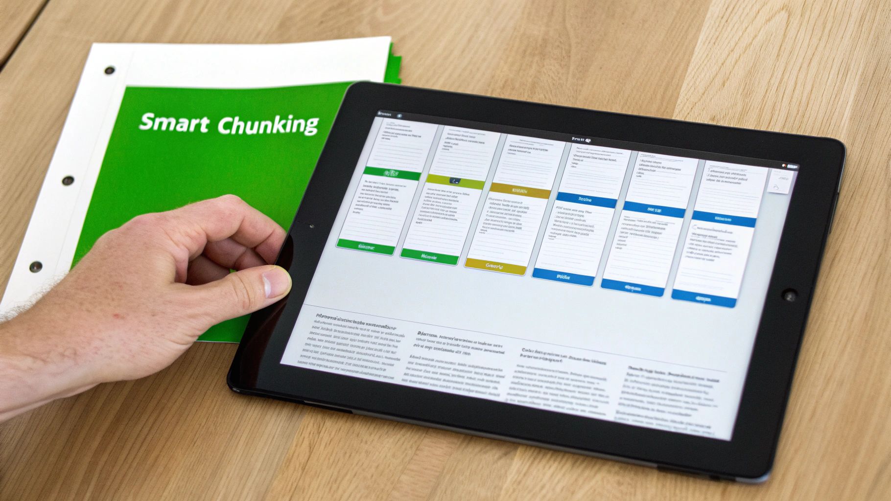 A hand interacts with a tablet displaying a document, next to a 'Smart Chunking' binder.