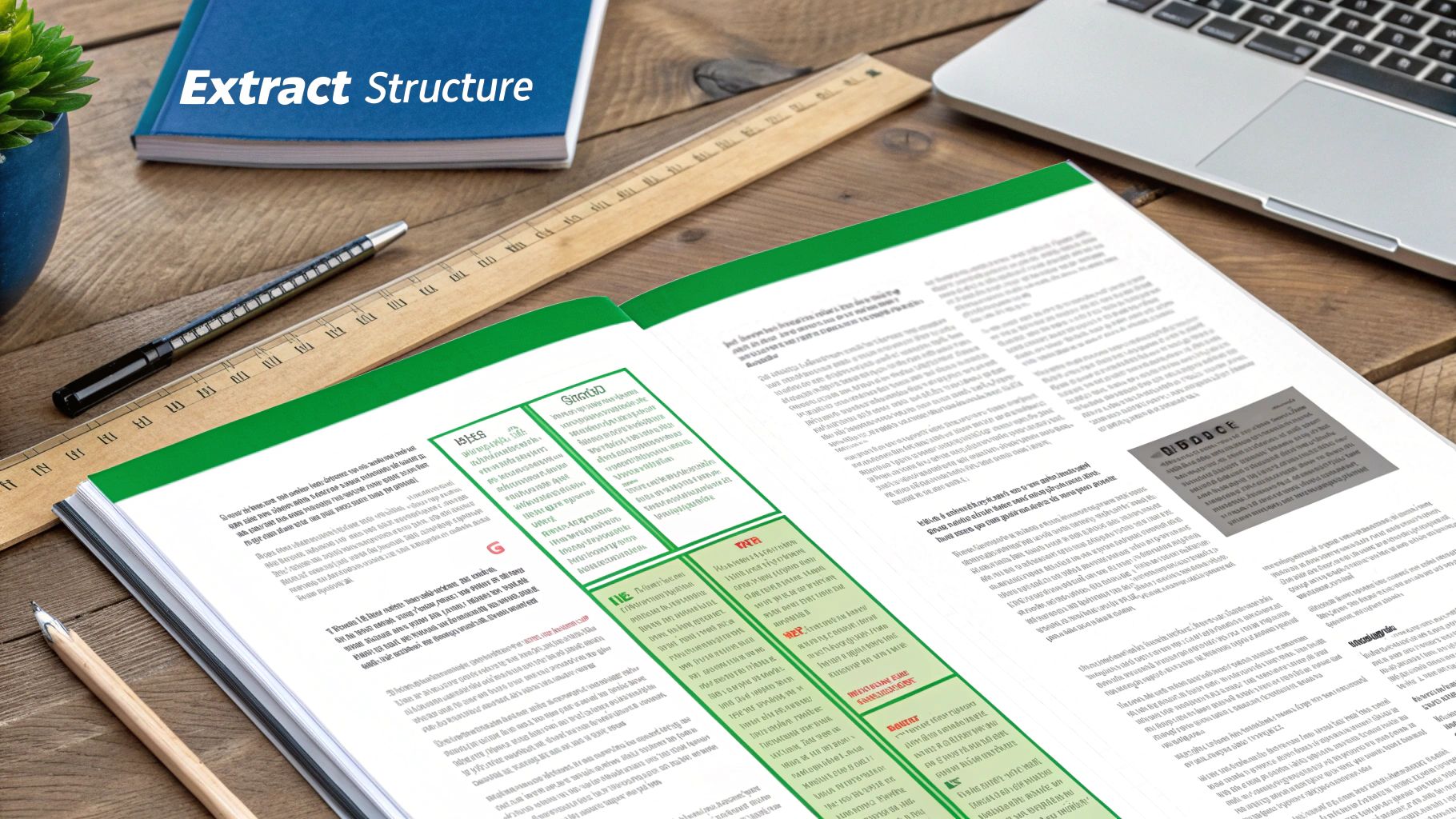 Overhead view of a wooden desk with an open magazine, ruler, pen, laptop, and plant, highlighting text extraction.