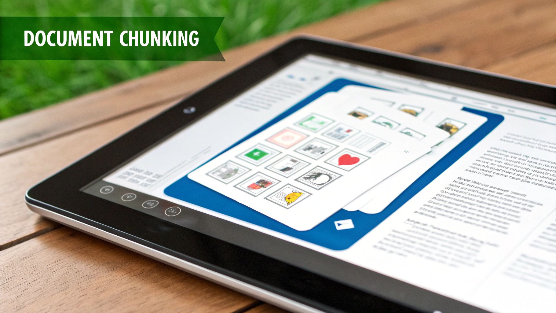 A tablet displaying a document broken into smaller content chunks, labeled 'DOCUMENT CHUNKING' on a green banner.