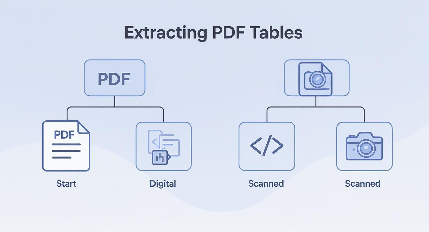 A diagram illustrating the process of extracting tables from both digital and scanned PDF documents.