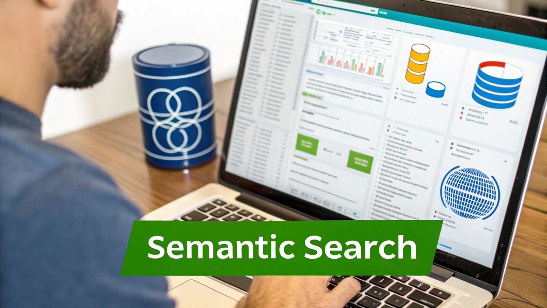 A man using a laptop displaying data visualizations and charts, with 'Semantic Search' text overlay.