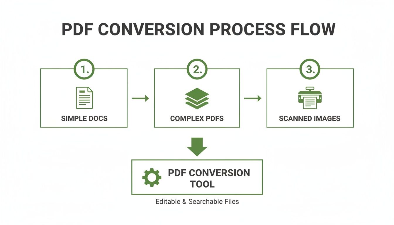 A process flow diagram showing simple documents, complex PDFs, and scanned images converted by a PDF tool.
