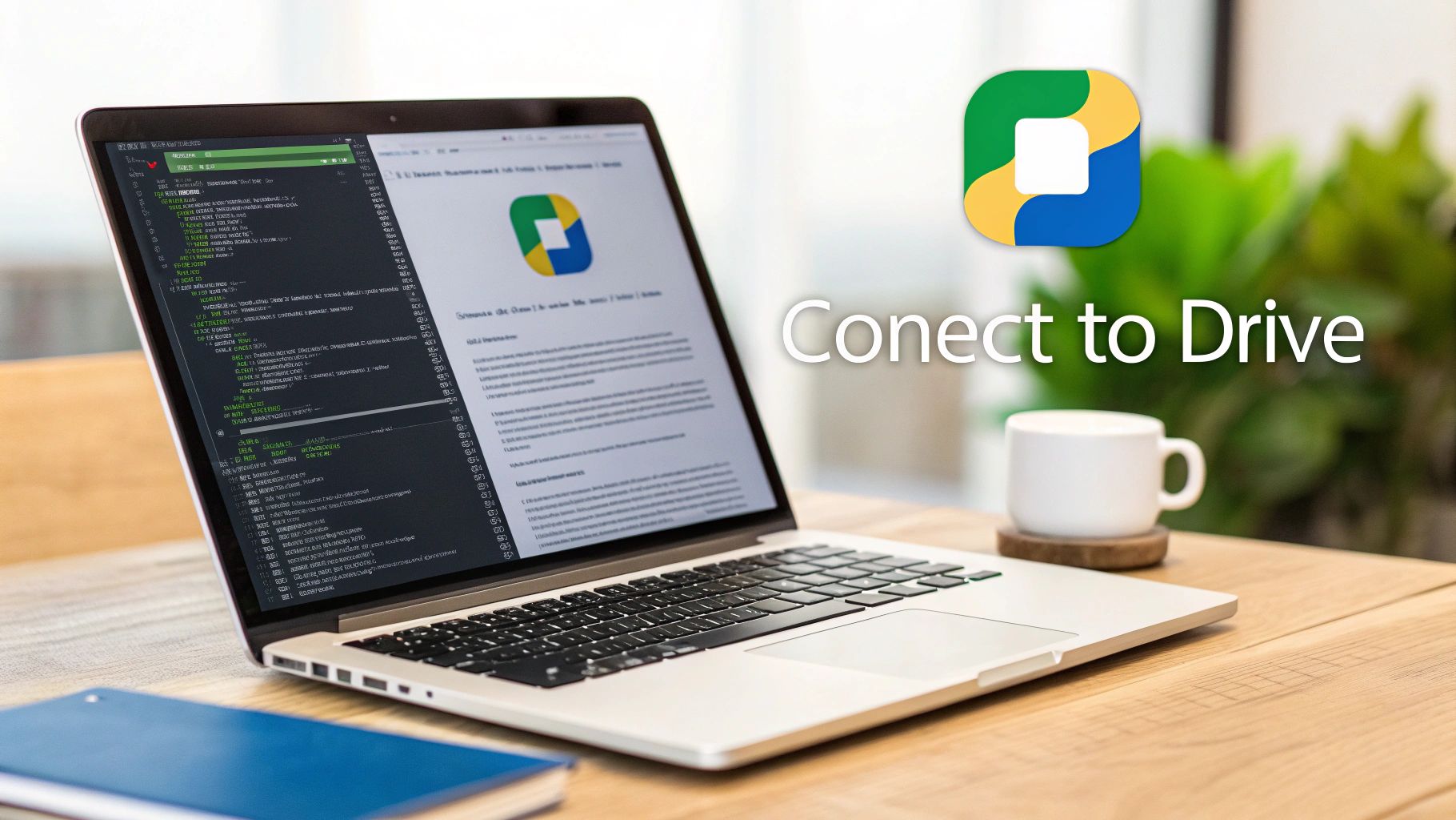 Laptop displaying code and a Google Drive page, with a 'Connect to Drive' logo and text.