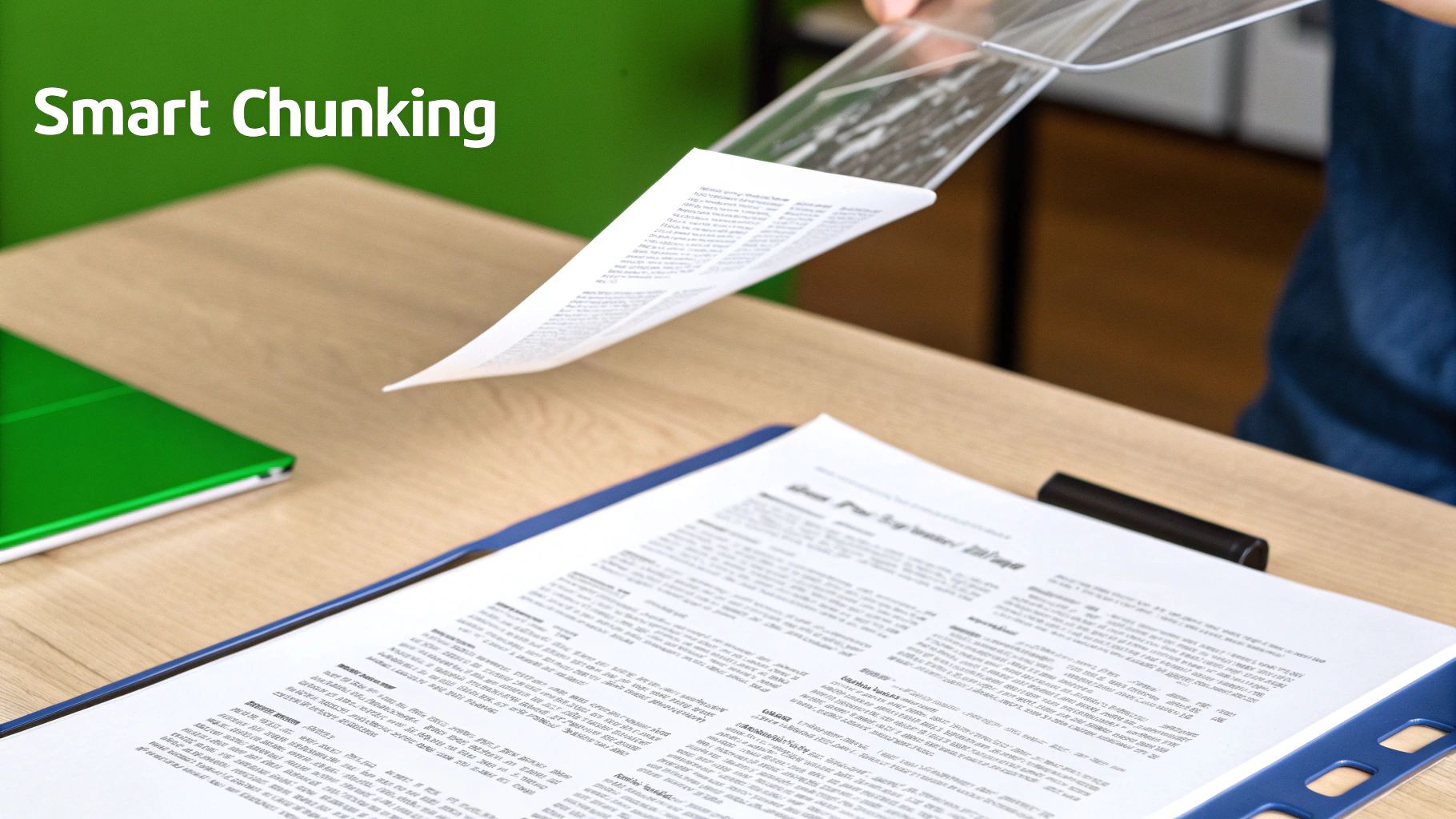 A person organizes documents, inserting a paper into a clear plastic folder on a wooden desk.