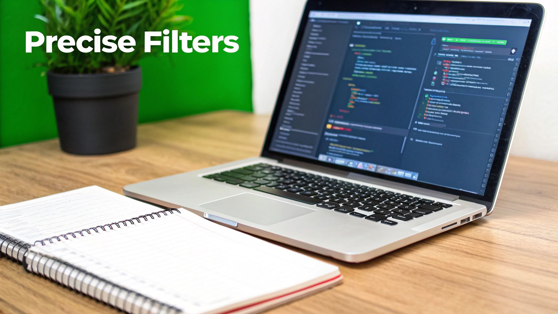 A laptop displaying code on a dark screen next to an open notebook on a wooden desk with a plant in the background.