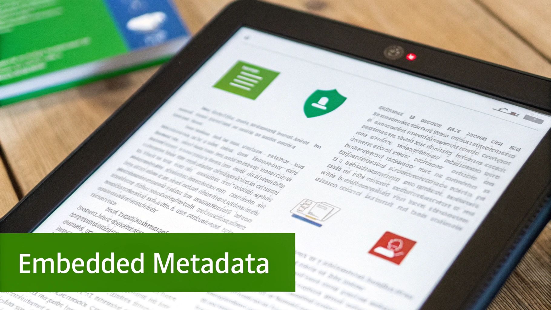 Close-up of a tablet showing an article about embedded metadata with document and security icons.