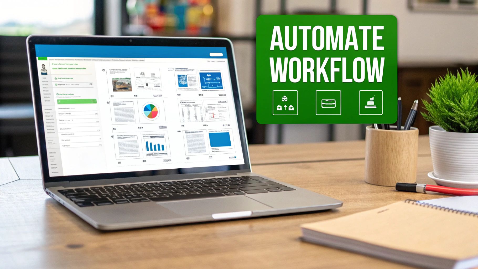 A laptop on a wooden desk displays workflow automation software with charts and documents, emphasizing efficiency.