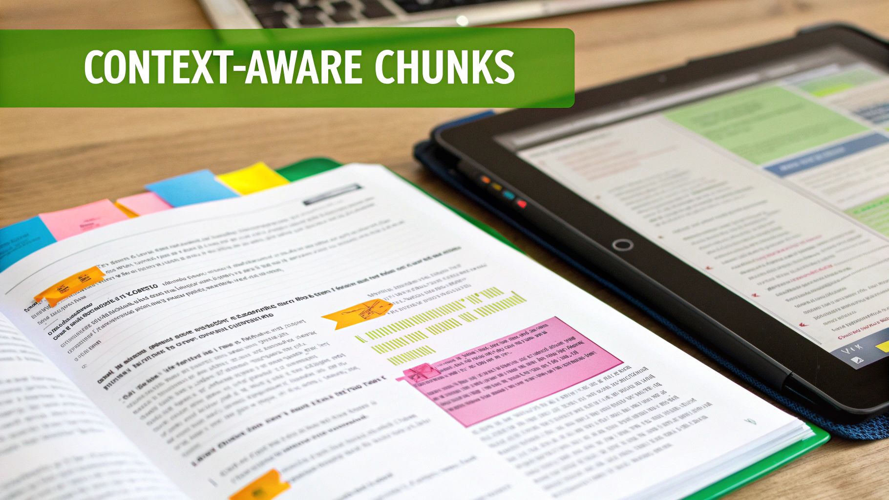 A green banner displays 'CONTEXT-AWARE CHUNKS' above an open book with sticky notes and a tablet showing text.