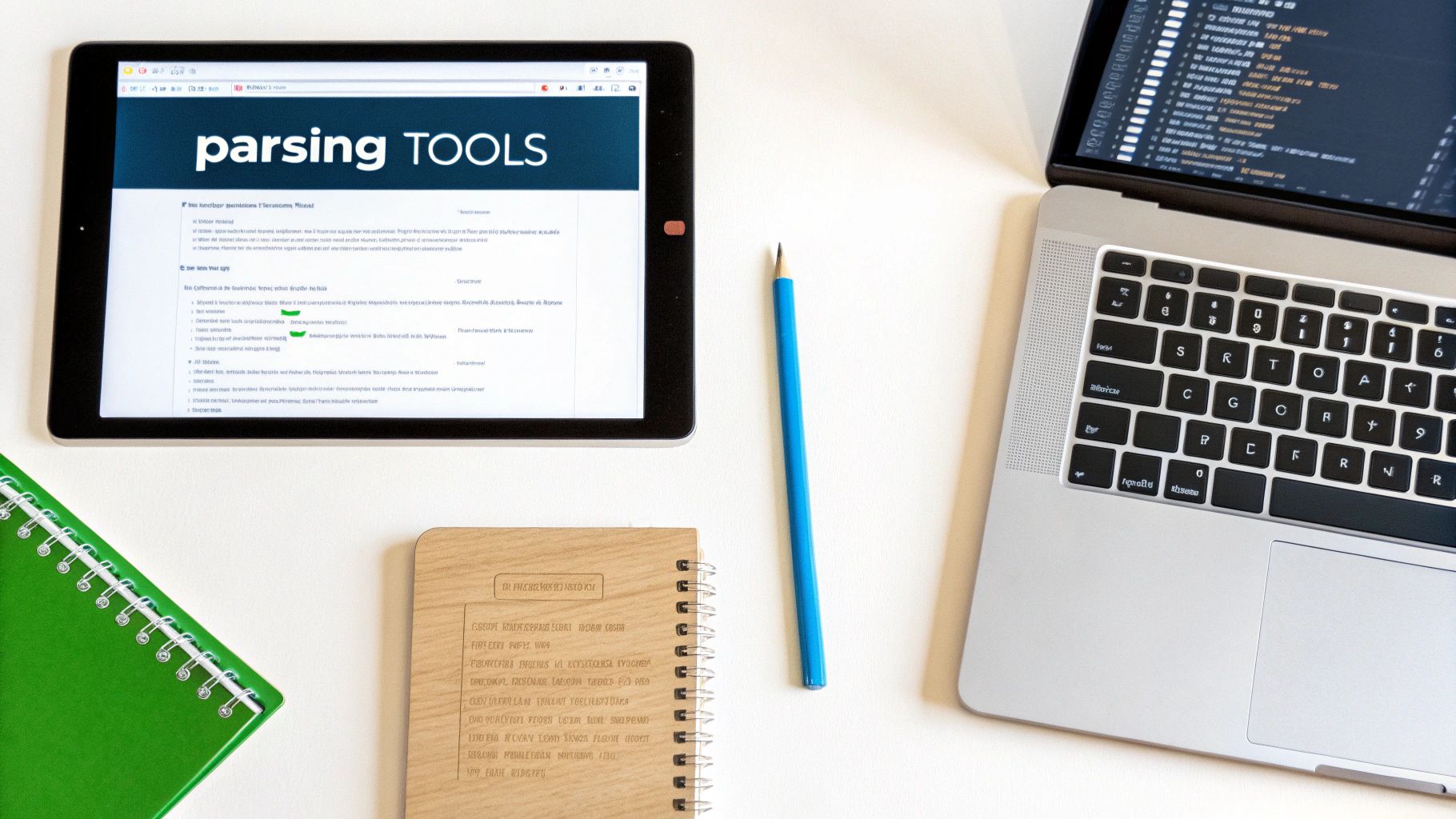 Flat lay of a modern workspace with a tablet displaying 'parsing TOOLS', a laptop, and notebooks.
