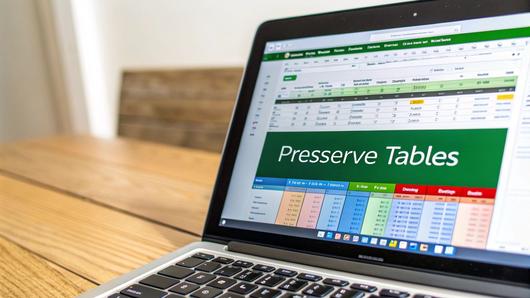 A close-up of a laptop screen displaying a spreadsheet application with 'Presserve Tables' on a wooden desk.