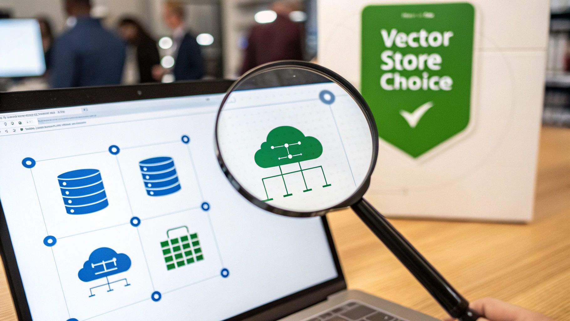 Magnifying glass over laptop screen displaying cloud and database icons, with 'Vector Store Choice' sign.