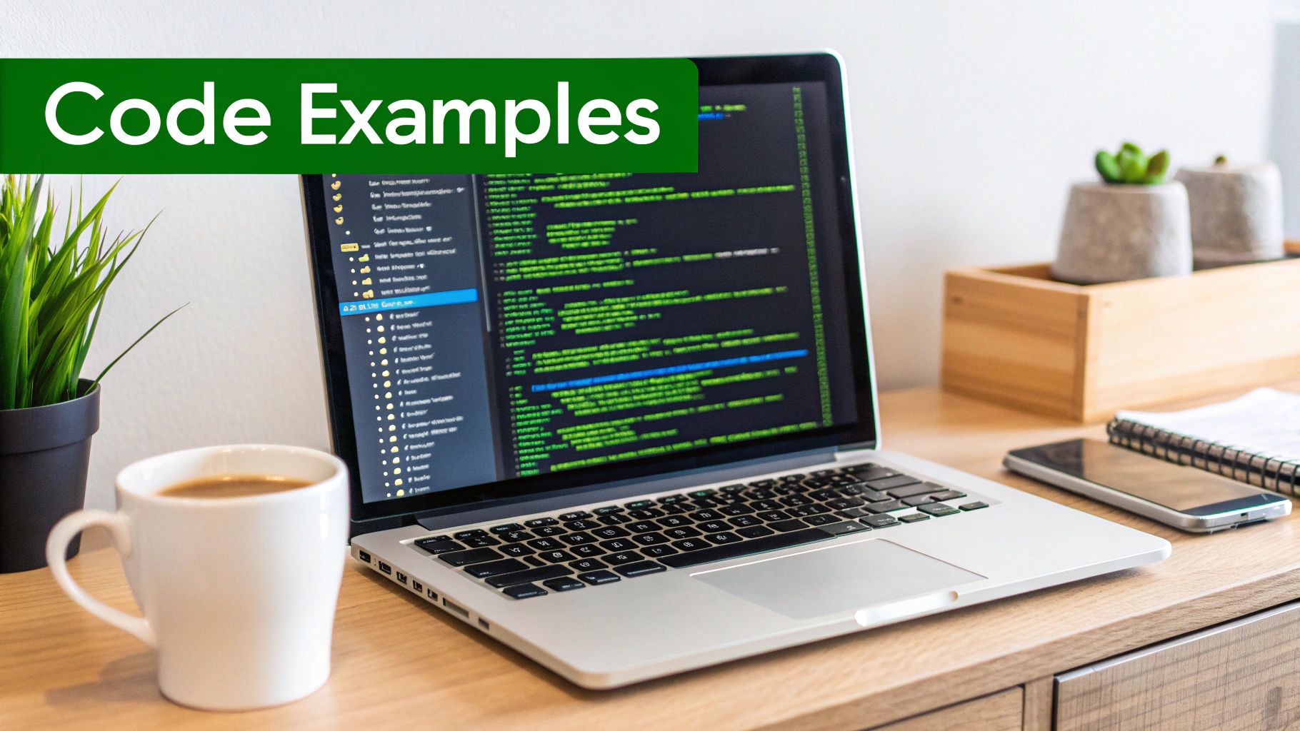 A modern workspace with a laptop displaying code examples, a coffee mug, and a plant.