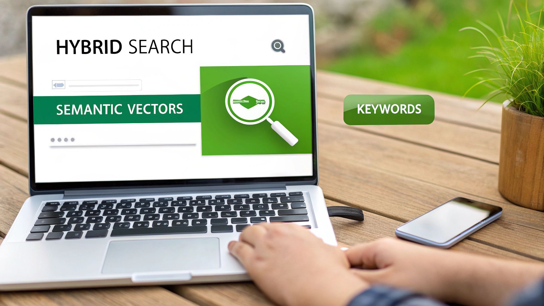Person using a laptop displaying 'Hybrid Search' with 'Semantic Vectors' and 'Keywords' concepts.