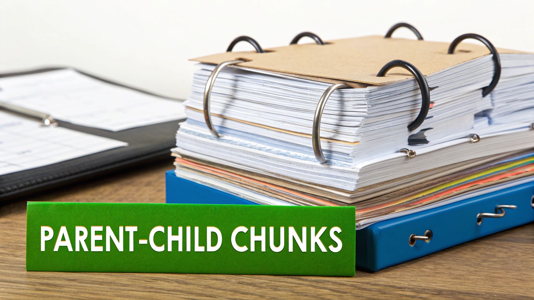 A green sign displaying 'PARENT-CHILD CHUNKS' text on a wooden desk, with stacks of documents and binders.