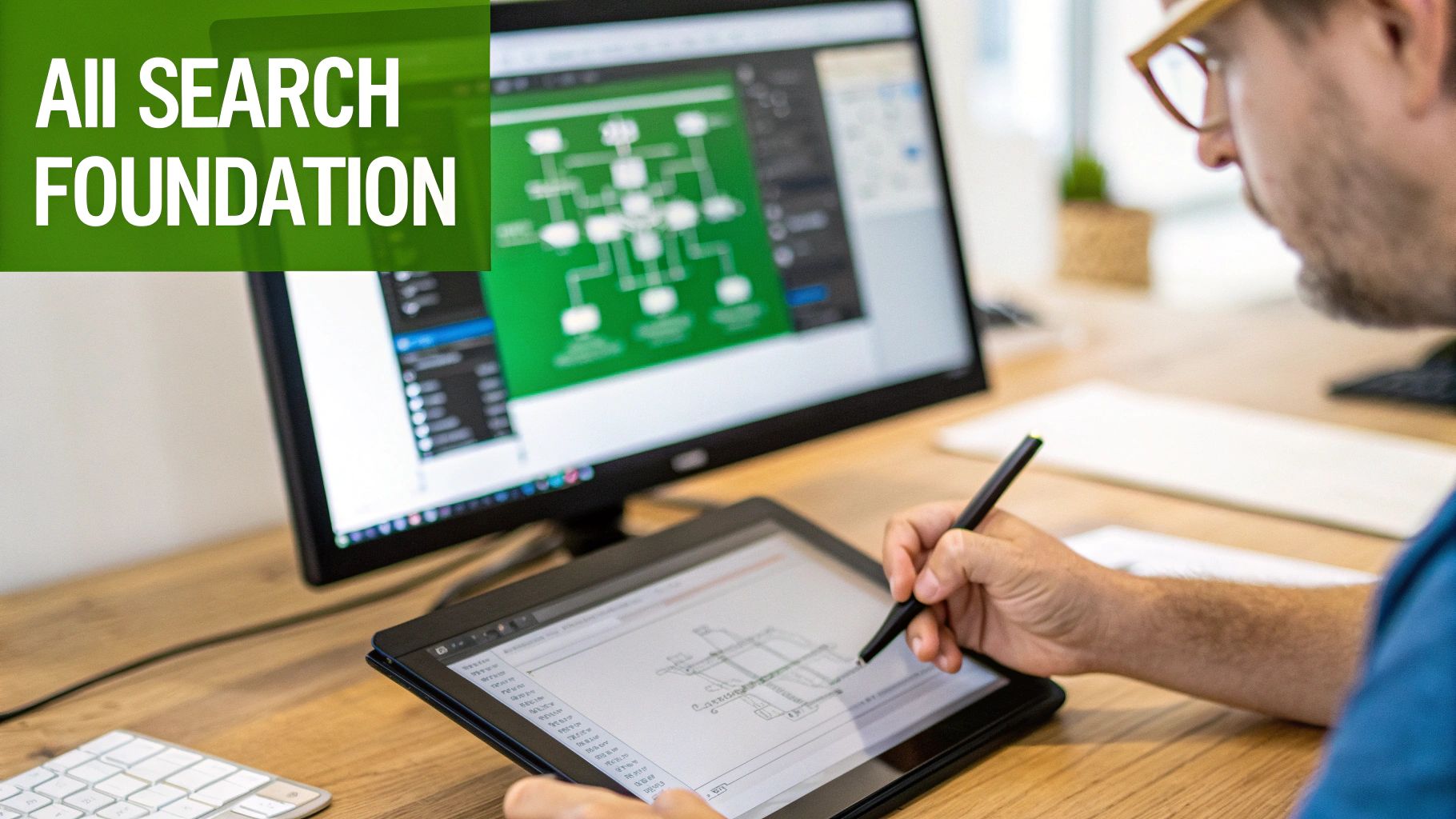 A man designs on a drawing tablet, with a monitor displaying a system diagram and "AII SEARCH FOUNDATION" text.