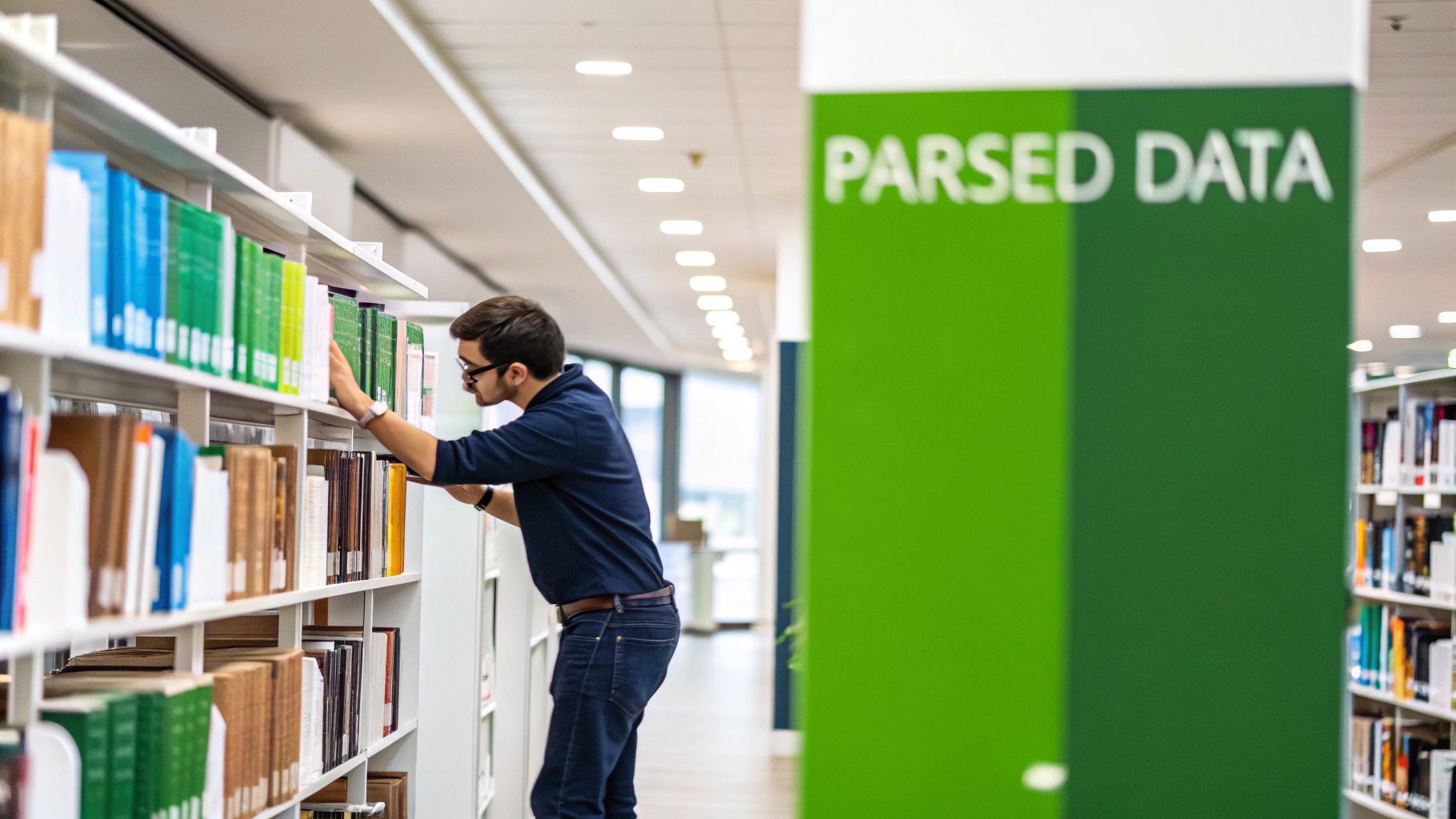 A man wearing glasses selects a book from a library shelf, with a 'PARSED DATA' sign.