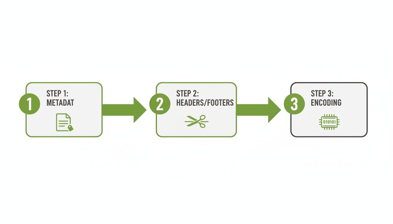A three-step process diagram showing metadata extraction, header/footer removal, and data encoding.