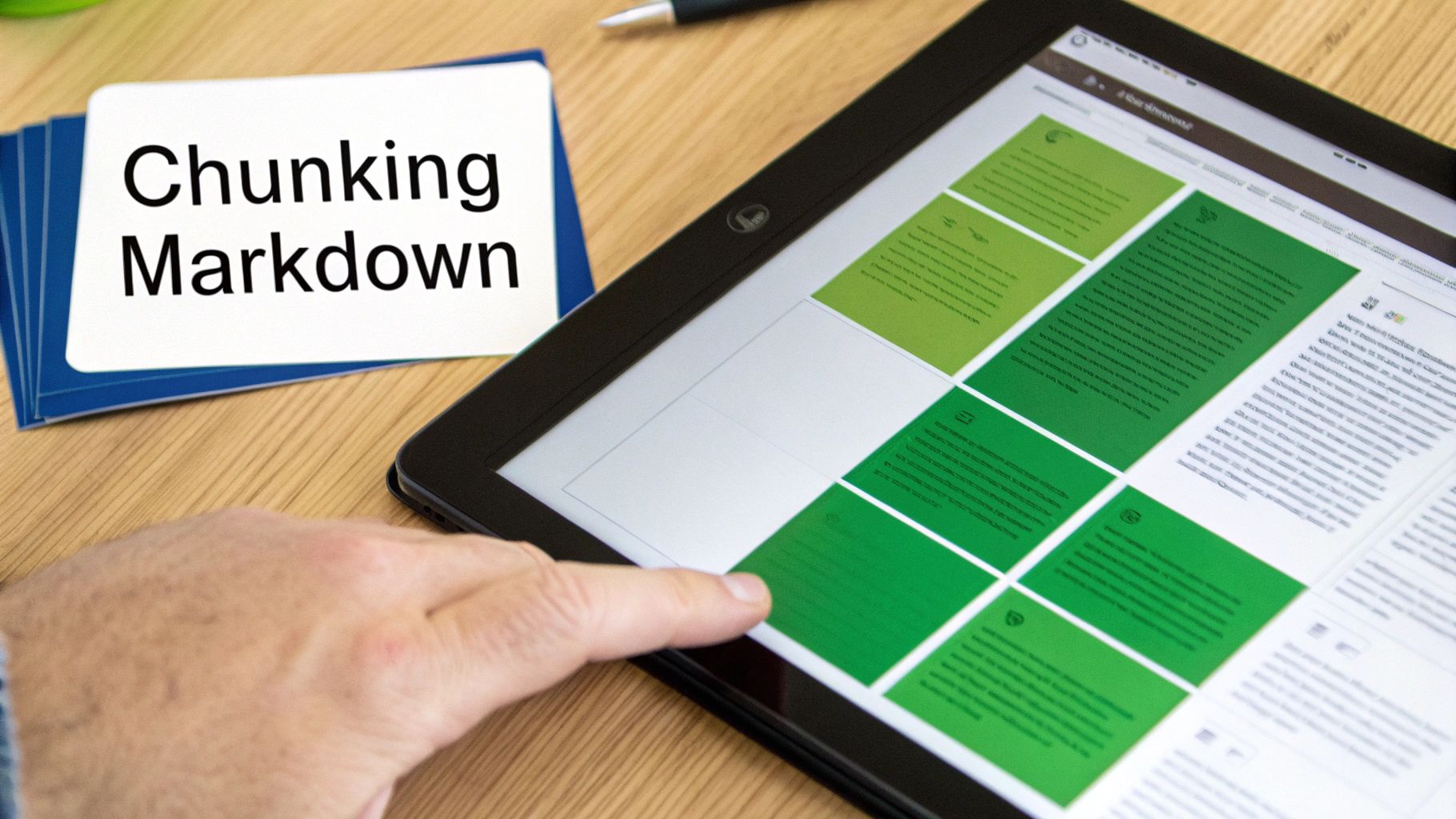 A hand interacts with a tablet displaying organized content, beside a card reading 'Chunking Markdown'.