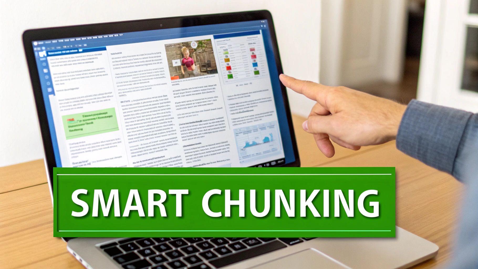 A hand points at a laptop screen displaying text and data with a 'SMART CHUNKING' banner.