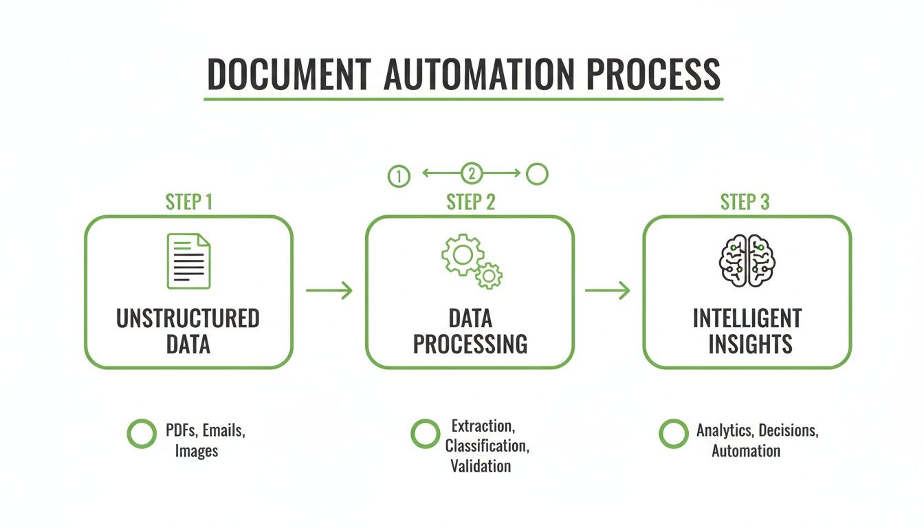 Flowchart detailing a three-step document automation process from unstructured data to intelligent insights.
