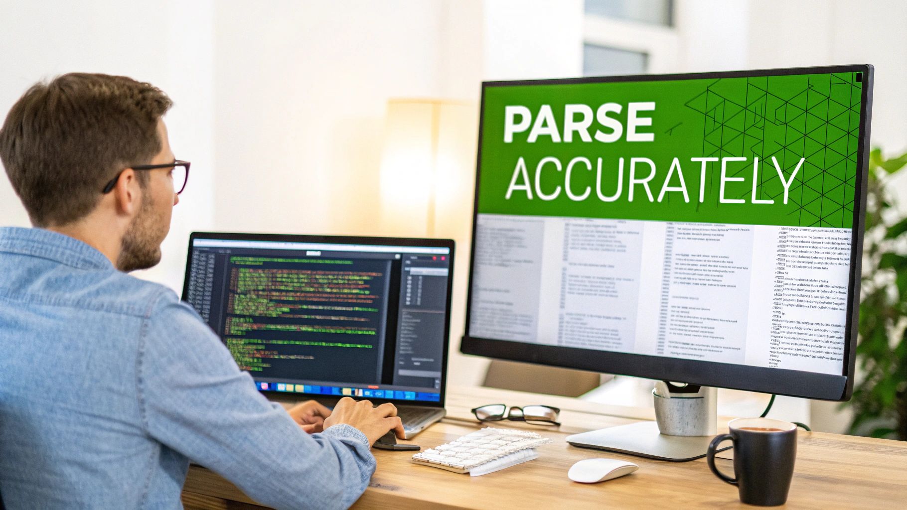 Rear view of a person coding on a laptop, with a monitor displaying 'PARSE ACCURATELY'.