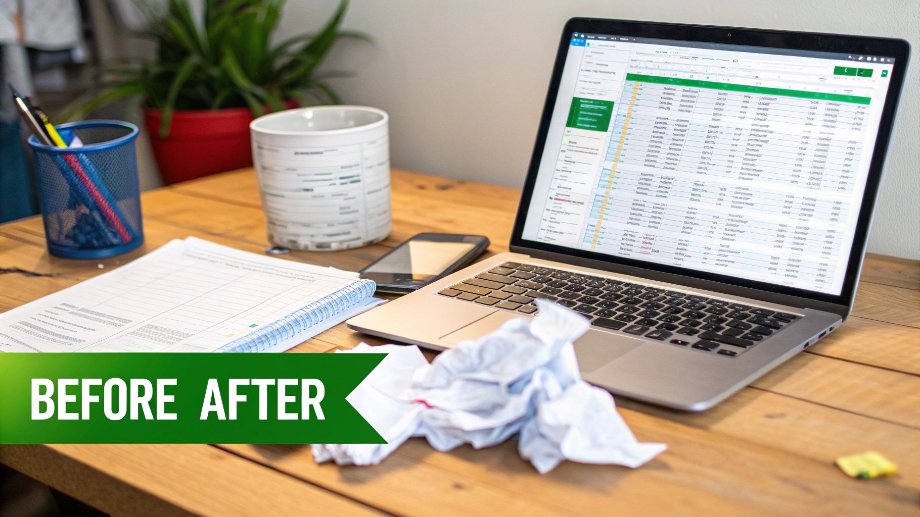 A cluttered office desk with a laptop showing a spreadsheet, notebook, phone, and crumpled paper, with a 'BEFORE AFTER' banner.