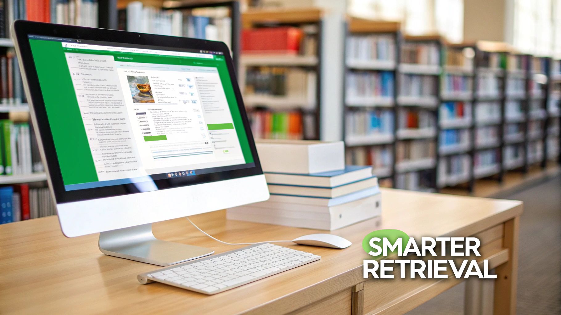 Computer with Smarter Retrieval on screen, keyboard, mouse, and books on a desk in a library.