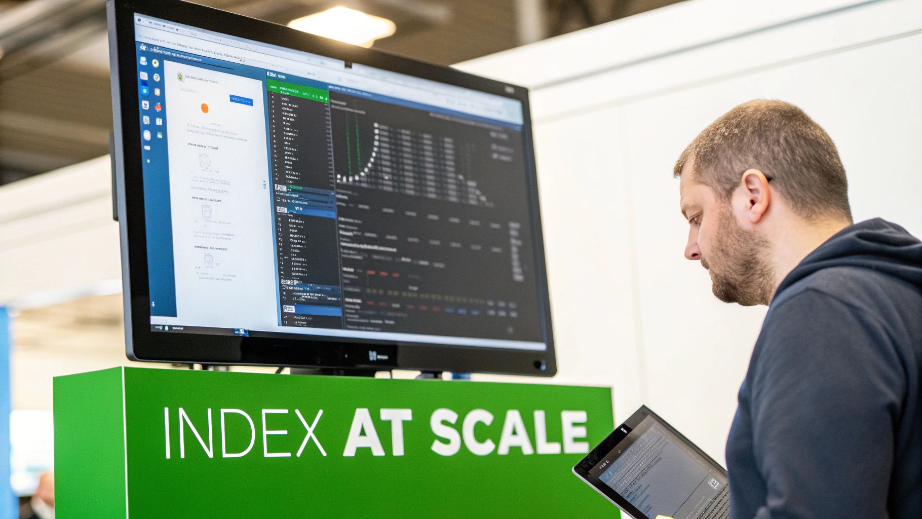 A man looks at a tablet while a large monitor behind him shows charts and data.