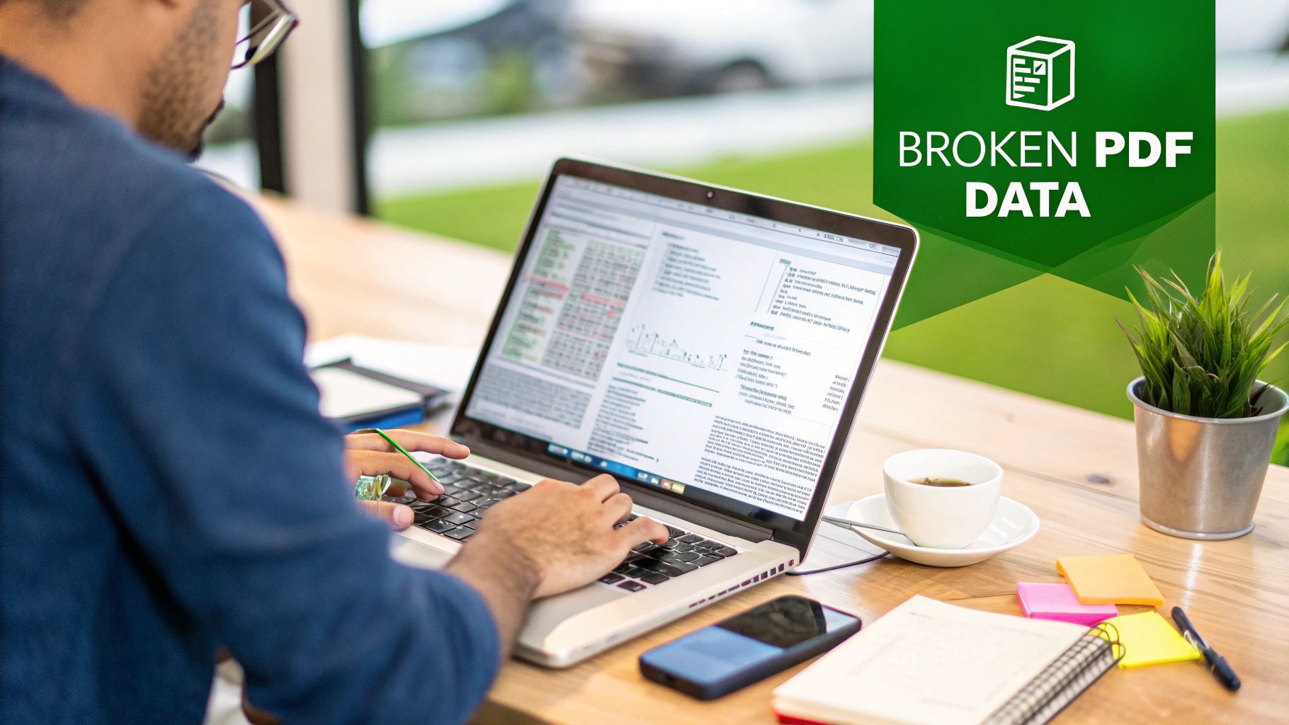 Man working on a laptop displaying charts and text, with a green 'BROKEN PDF DATA' banner.