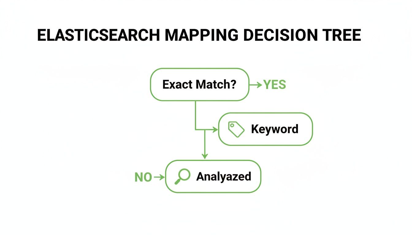 An Elasticsearch mapping decision tree illustrating choices between Keyword for exact matches and Analyzed for others.