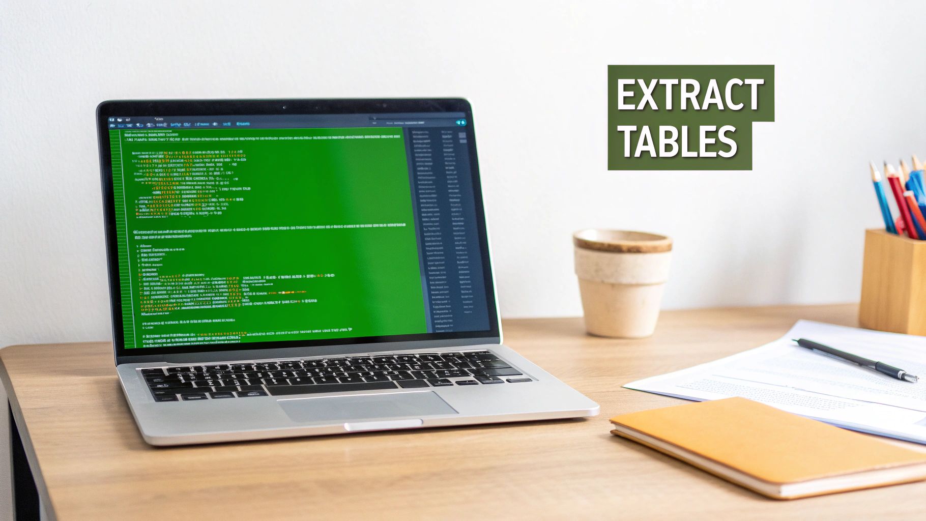 A laptop displaying code on a green screen, a coffee cup, and stationery on a wooden desk with 'EXTRACT TABLES' text.
