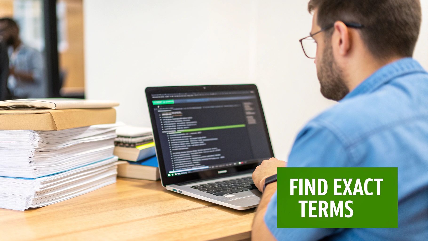 A man in a blue shirt and glasses works on a laptop showing code, surrounded by documents, with 'FIND EXACT TERMS' text.