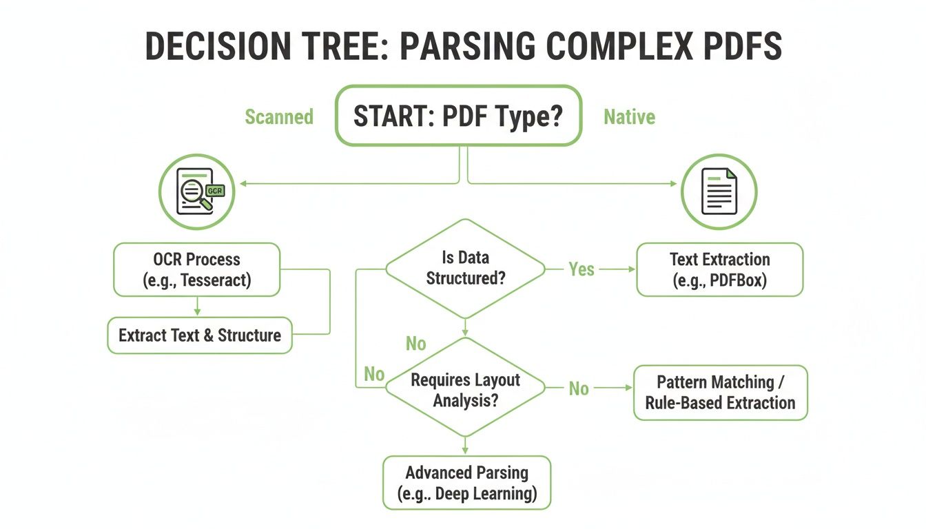 Decision tree flowchart explaining the process for parsing complex PDFs based on their type and data structure.