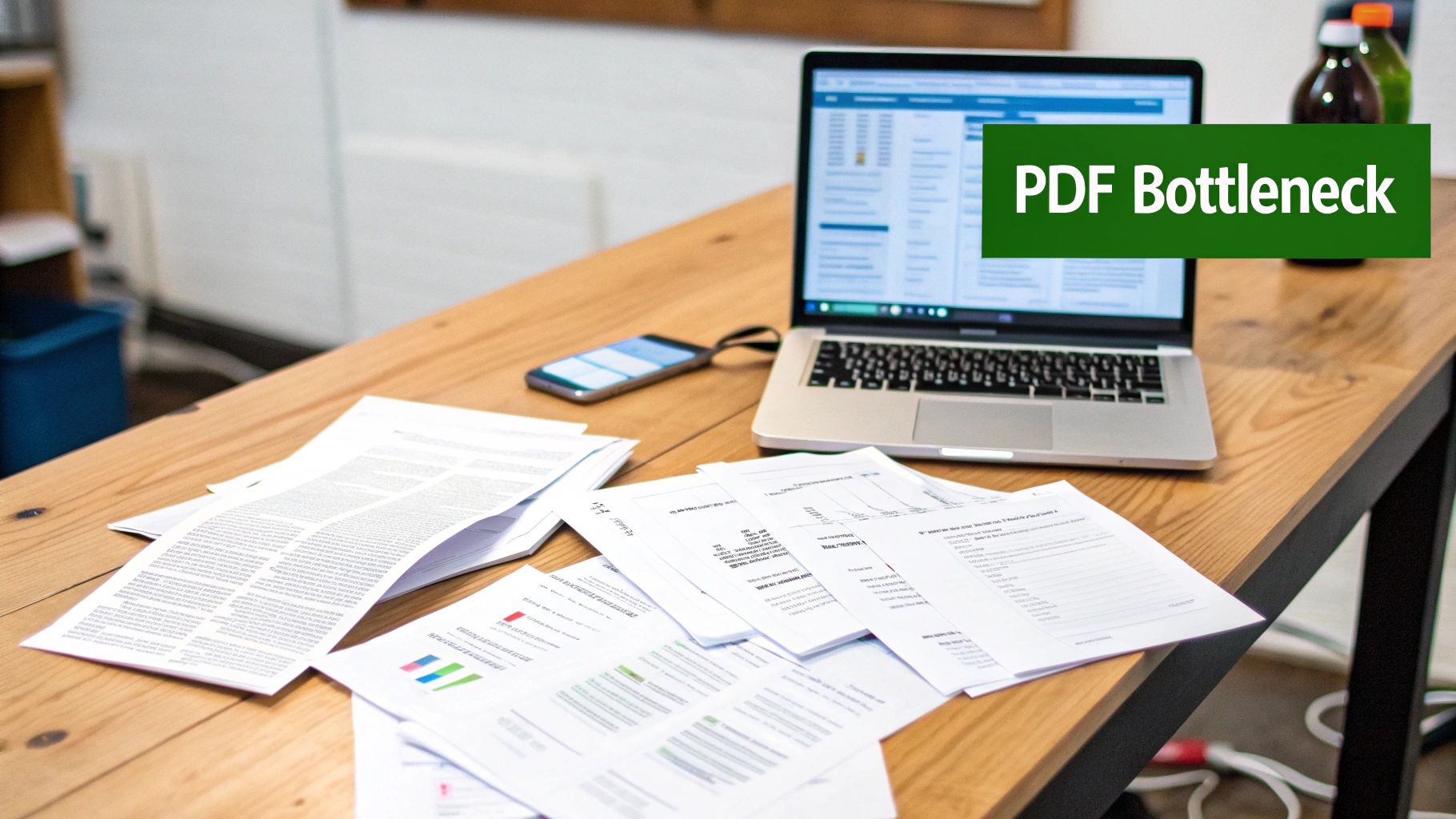 A wooden desk with a laptop, smartphone, and scattered papers, highlighting a 'PDF Bottleneck'.