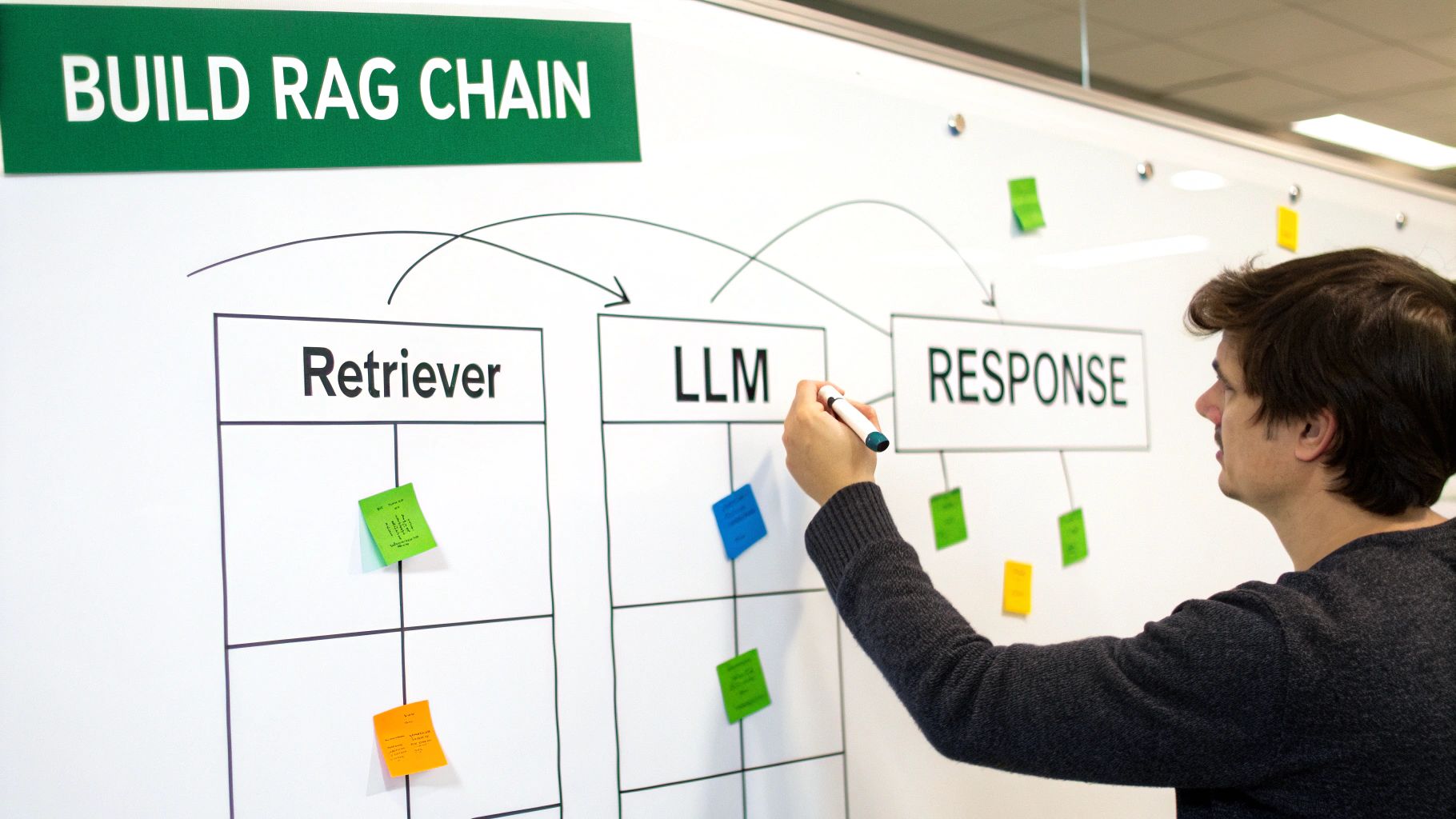 A person sketches a diagram for a RAG chain, including Retriever, LLM, and Response components, on a whiteboard.