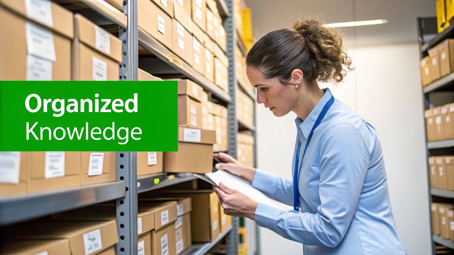 Woman checking documents in an organized storage room with shelves full of cardboard boxes.