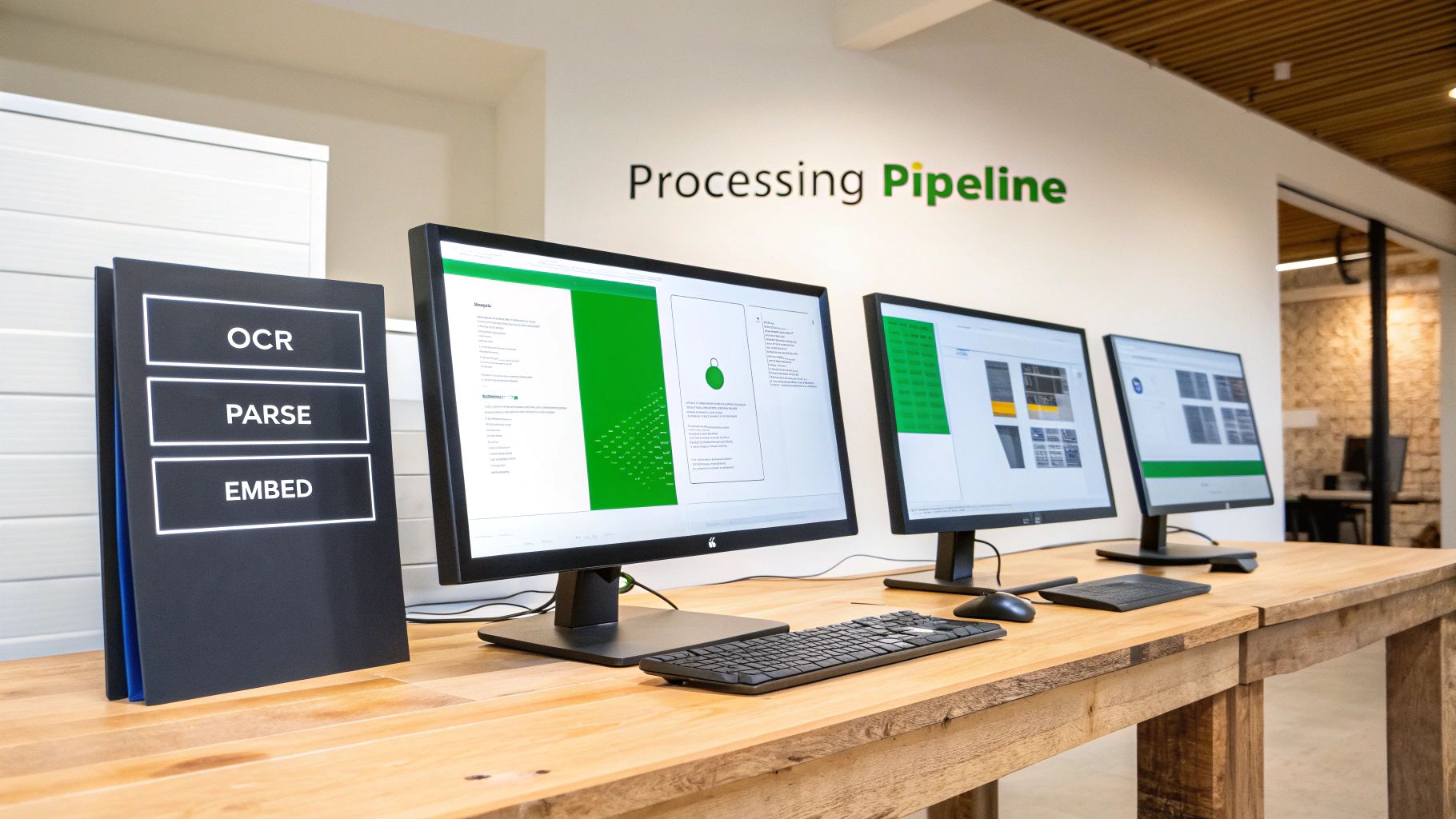 Multiple computer monitors on a wooden desk displaying a document processing pipeline with OCR, Parse, and Embed stages.
