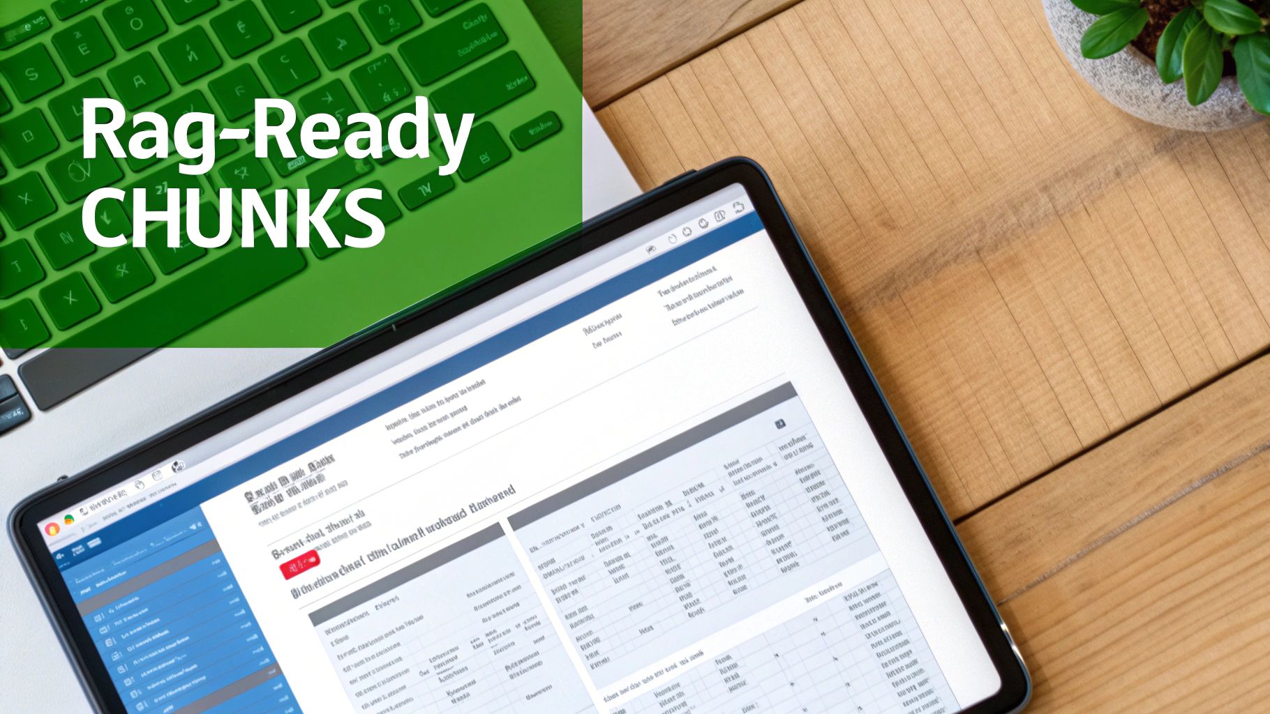 A laptop displaying tables and text on its screen, next to a green keyboard with 'Rag-Ready CHUNKS' and a wooden desk.