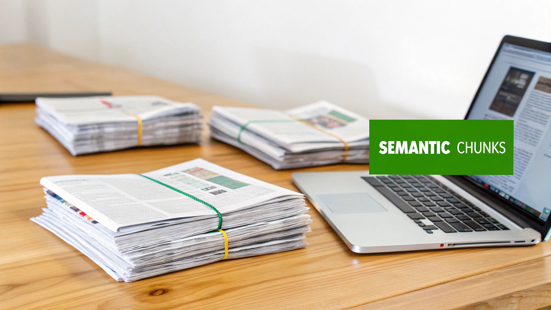 Stacks of newspapers and a laptop on a wooden desk, with 'SEMANTIC CHUNKS' text overlay.