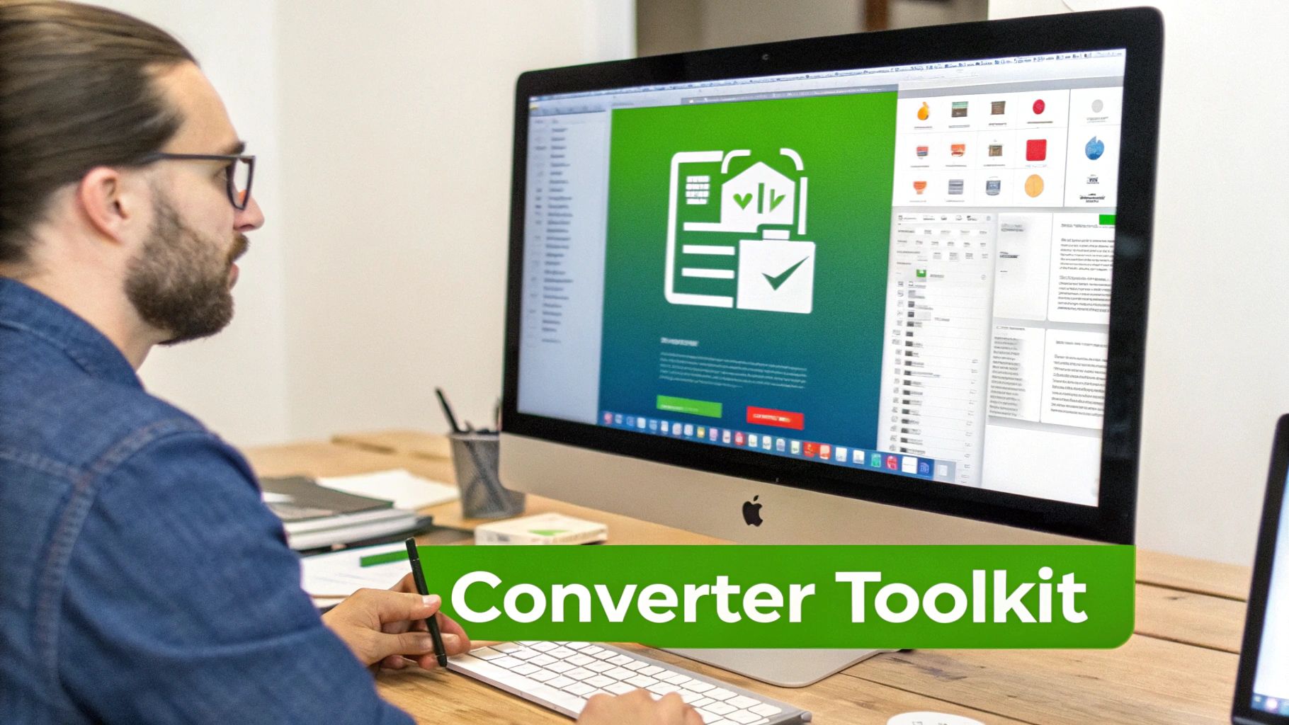 Man with glasses working on an Apple iMac, displaying a 'Converter Toolkit' application interface.