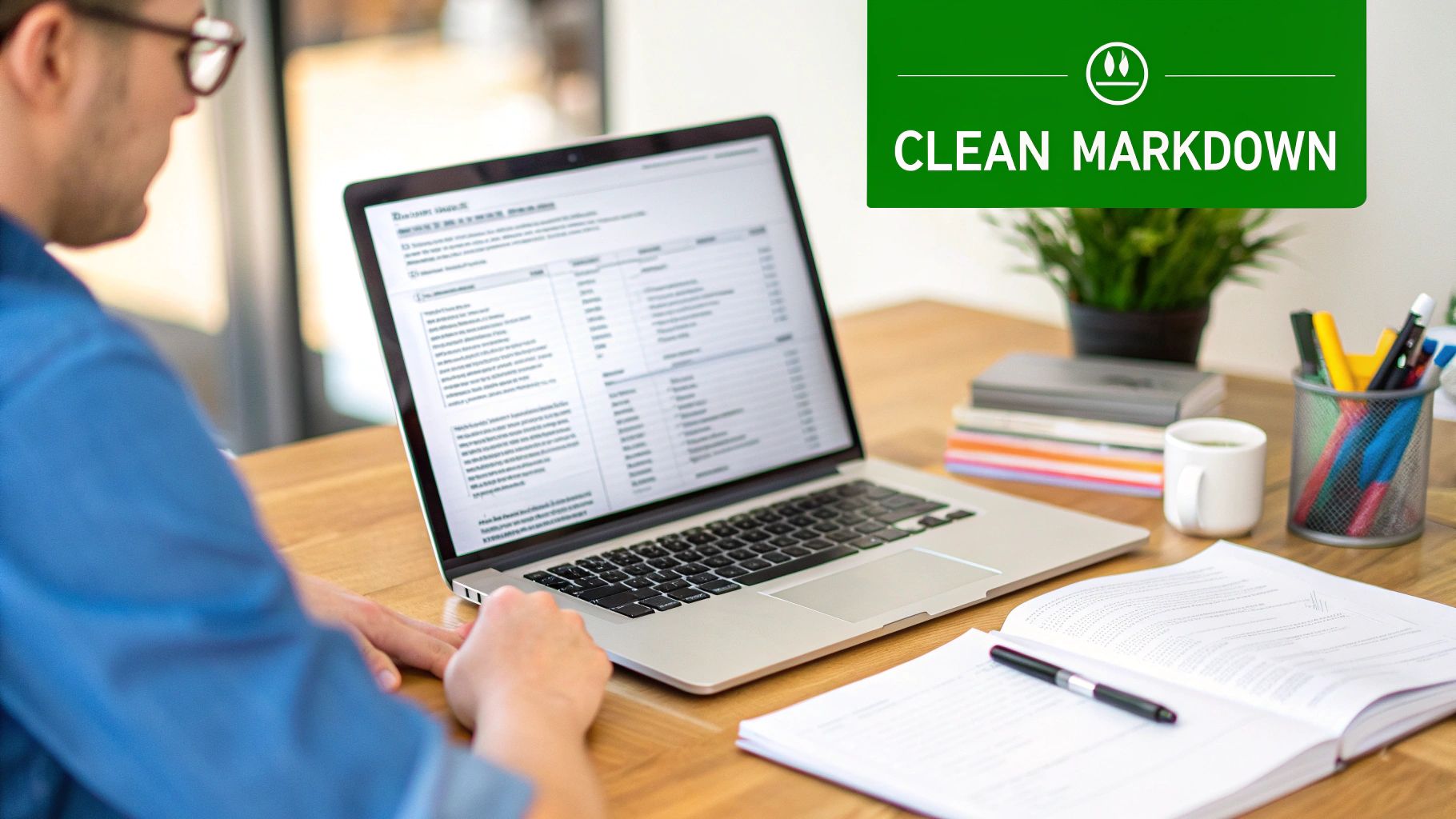Person in glasses uses laptop on wooden desk, surrounded by study materials and 'Clean Markdown' banner.