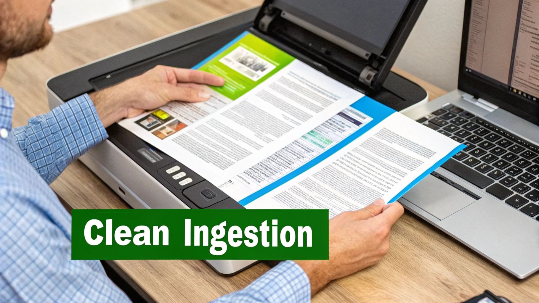 A person feeds documents into a scanner on a desk, with a laptop open nearby, for digital ingestion.