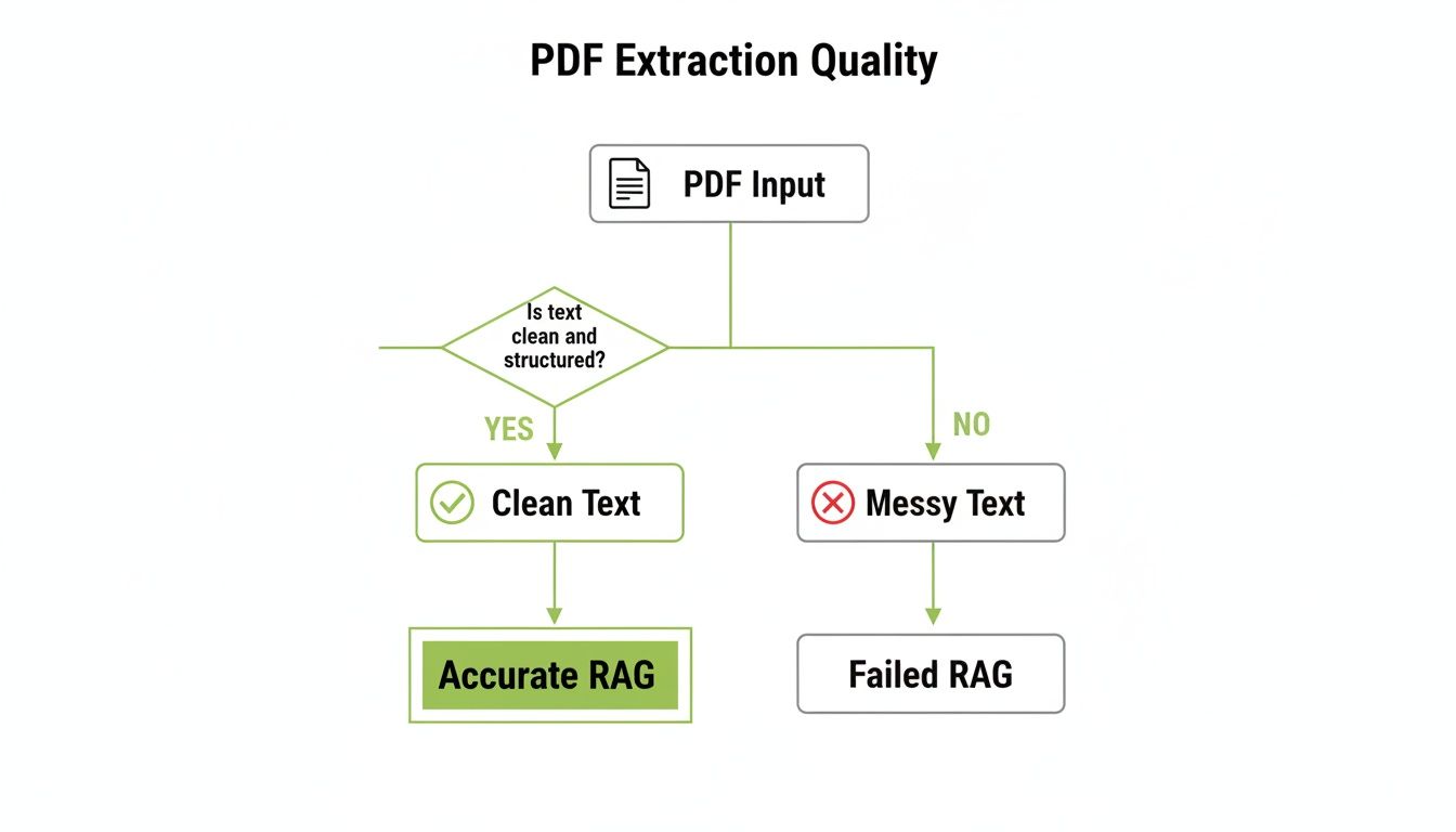 Flowchart illustrating PDF extraction quality, showing paths for clean versus messy text affecting RAG.
