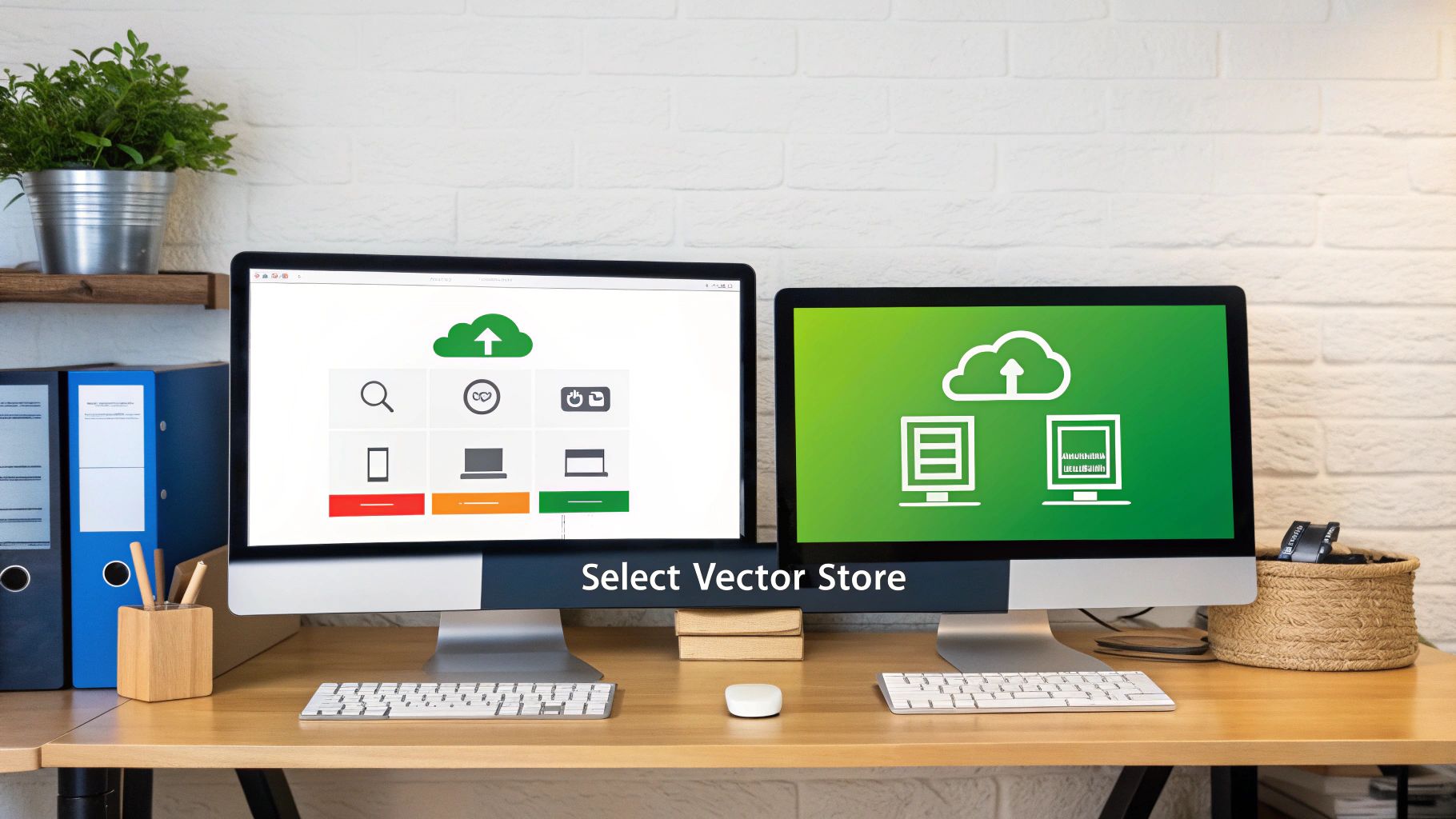 Dual monitors on a desk showing cloud upload and vector storage concepts with keyboards and a mouse.