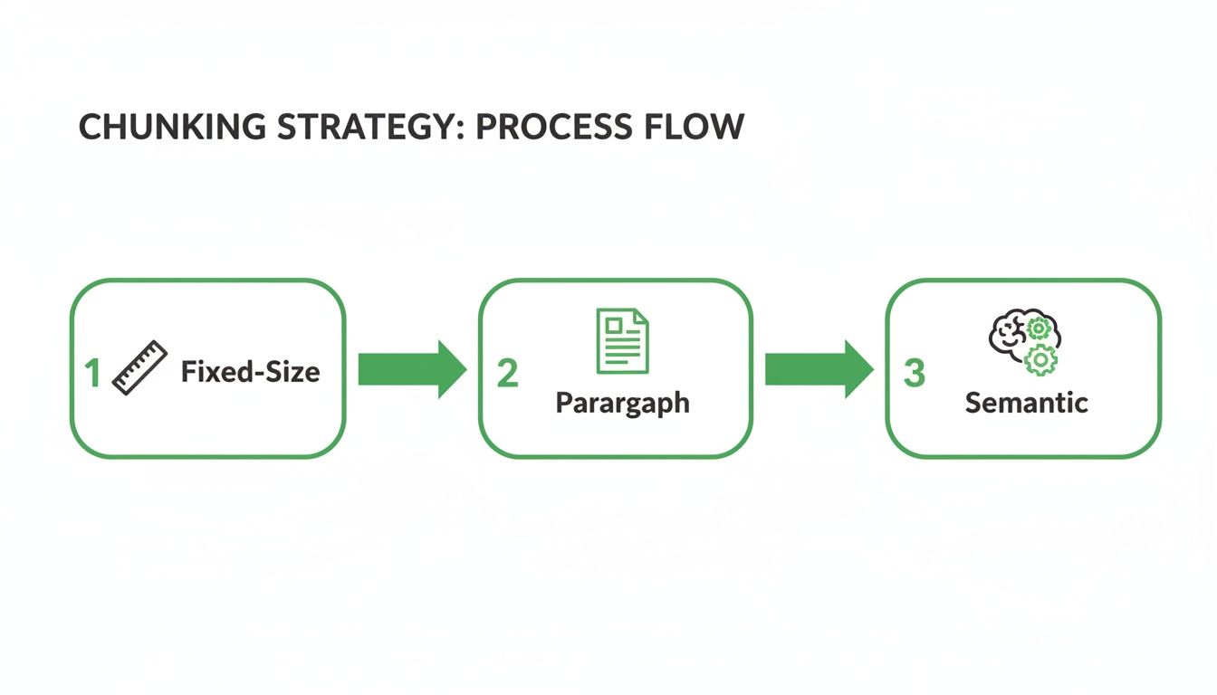 A process flow diagram illustrating three text chunking strategies: Fixed-Size, Paragraph, and Semantic.