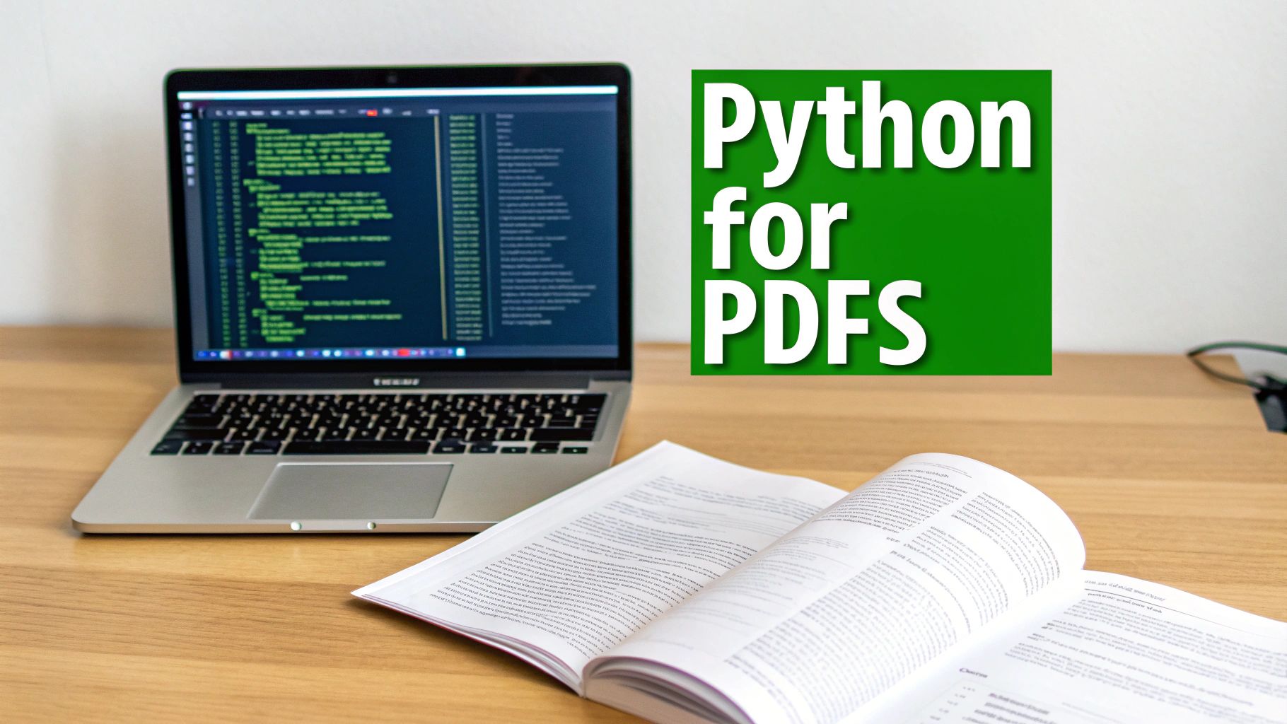 A laptop displaying code and an open book on a desk, with text 'Python for PDFs'.