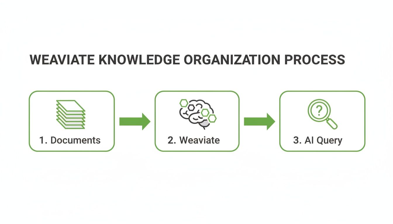 A diagram illustrates the Weaviate Knowledge Organization Process: Documents, Weaviate, and AI Query.