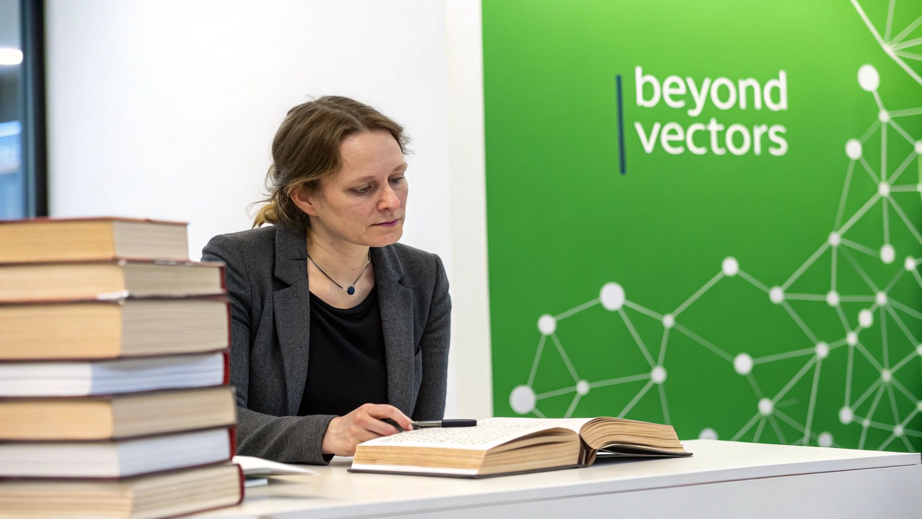 Woman in a blazer focuses on an open book, with a network graphic background.