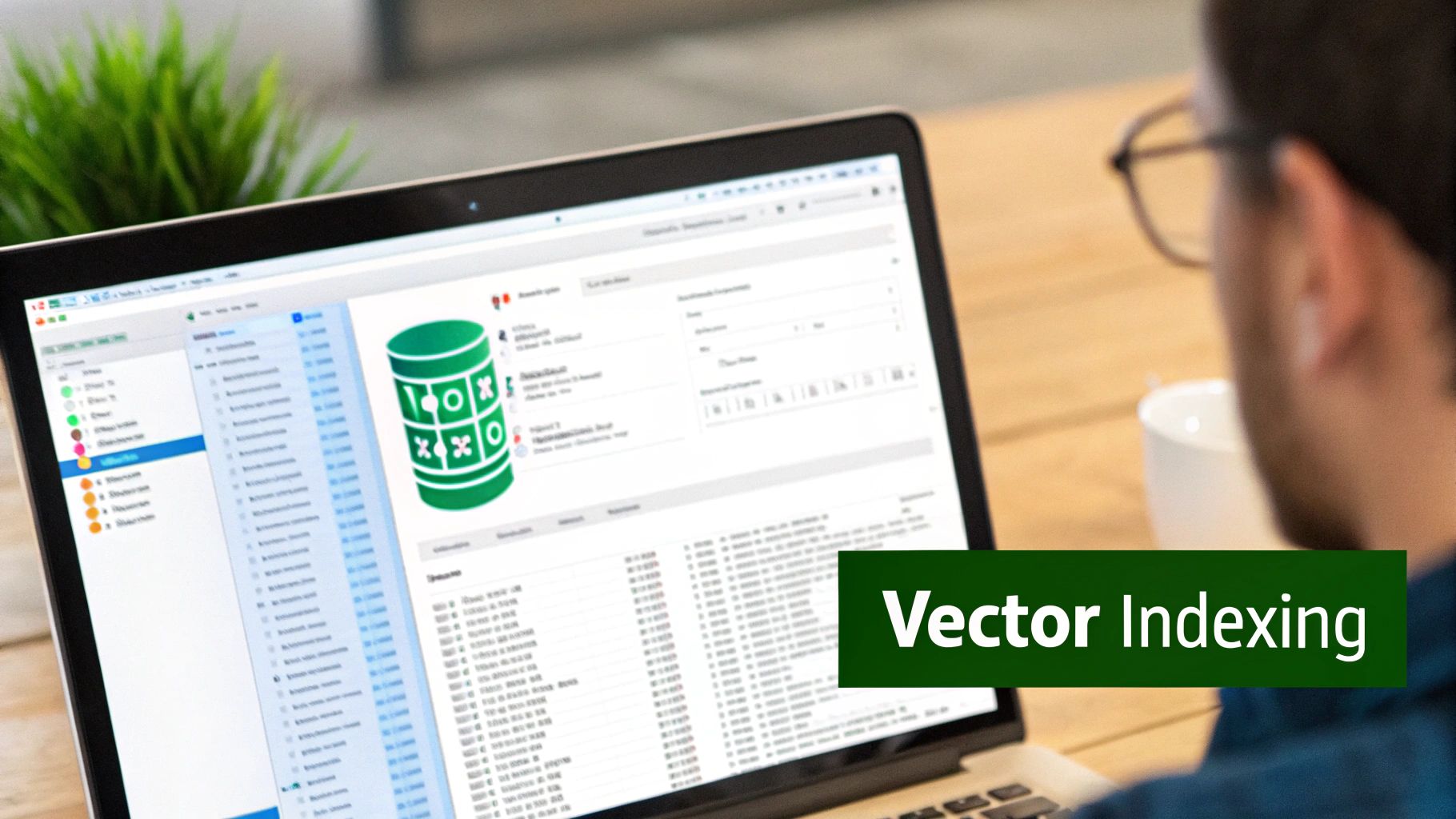 A person works on a laptop displaying a document management system interface with a green icon and 'Vector Indexing' text.
