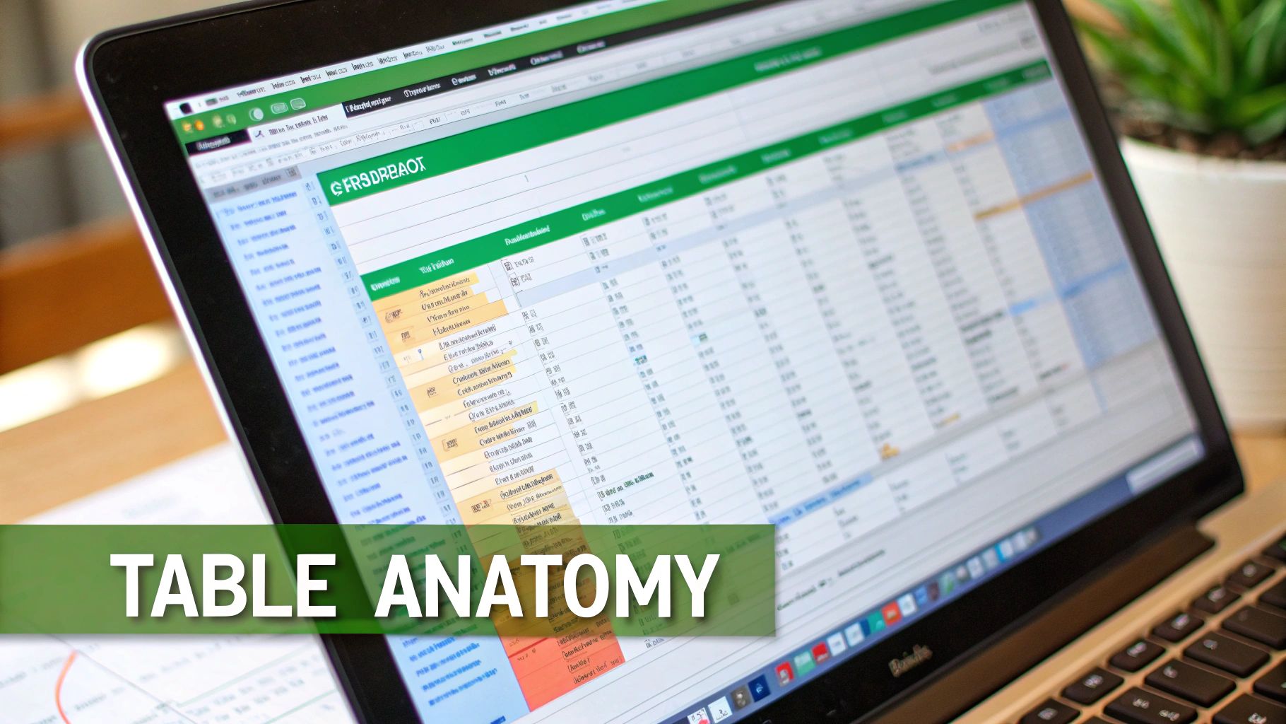 Close-up of a laptop screen showing a data-filled spreadsheet with a green header and 'TABLE ANATOMY' overlay.